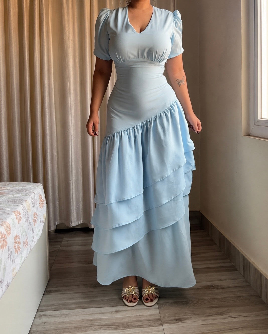 Senorita Powder Blue Ruffle Maxi Dress