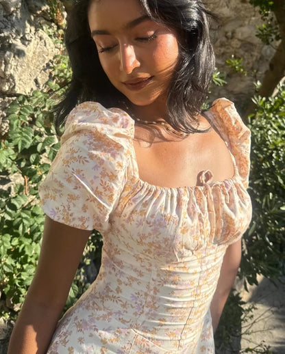 Tallulah Ivory Floral Print Puff Sleeves Midi Sundress