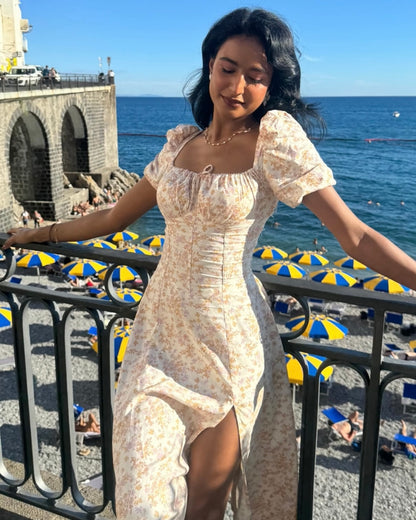Tallulah Ivory Floral Print Puff Sleeves Midi Sundress