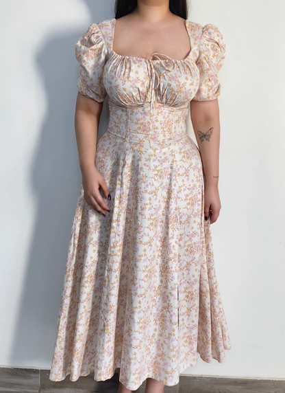 Tallulah Ivory Floral Print Puff Sleeves Midi Sundress